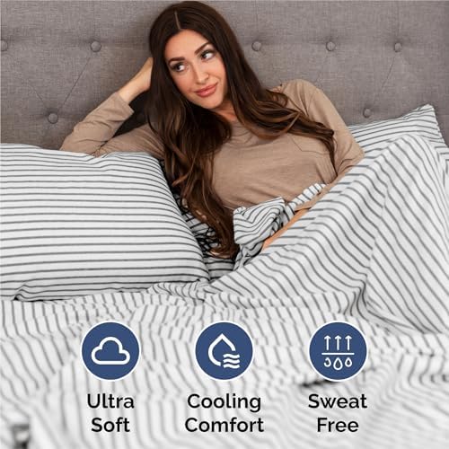 Split King Size 5 Piece Sheet Set - Breathable & Cooling - Grey Stripes - Image 4