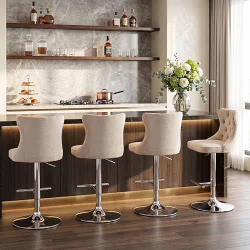 SoarFlash Velvet Bar Stool Set of 4, Adjustable Swivel Bar Stools with Silver Plated Metal Leg, Button Tufted, Footrest, Chrome Nailhead, Counter Height Chair for Kitchen, Bar, Dining Room (Beige) - Image 4