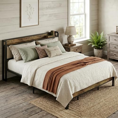 LIKIMIO King Bed Frame, Storage Headboard with Charging Station, Solid and Stable, Noise Free, No Box Spring Needed, Easy Assembly (Walnut and Beige) - Image 4