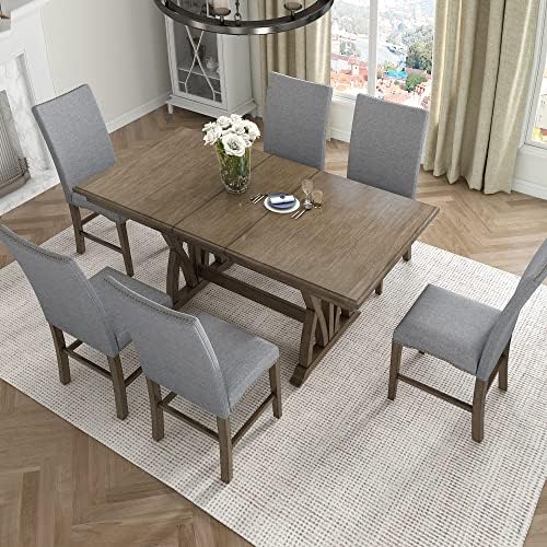 Mid-Century Extendable Dining Table Set for 6, Solid Wood 7-Piece Dining Table Set with 6 Upholstered Chairs and 12" Leaf, Home Breakfast Kitchen Dining Room Set for 6, Retro X Cross Trestle Base - Image 2