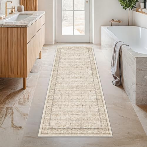 Long Ivory Farmhouse Hallway 2'6''x8' Runner Rug, Washable Non Slip Runner for Kitchen, Entryway, Low Pile Floral Stain Resistant Neutral Rugs by HazoHaus