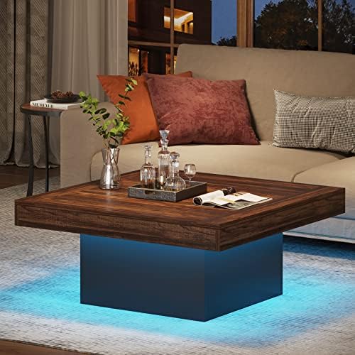 Tribesigns 35.4-Inch Square Coffee Table with LED Light, Modern Wood Coffee Table, Large Center Table for Living Room, Rustic Brown & Black - Image 3