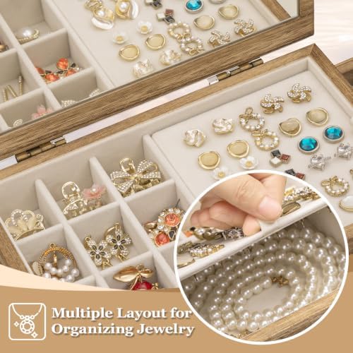 Honiway Jewelry Boxes for Women, 5 Layer Wooden Jewelry Box with Drawer & Mirror, Rustic Jewelry Organizer for Necklace Bracelet Ring Earring, Farmhouse Decor for Bedroom Dresser (Rustic Brown) - Image 6