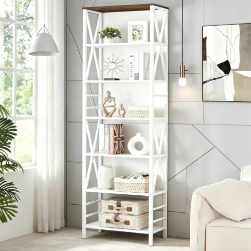HOMISSUE Bookshelf, 7-Tier Bookshelf, Rustic Wood Metal Bookshelves and Bookcases, Freestanding Open Bookshelf, Industrial Tall Bookcase for Home Office, Living Room and Bedroom, White by Homissue