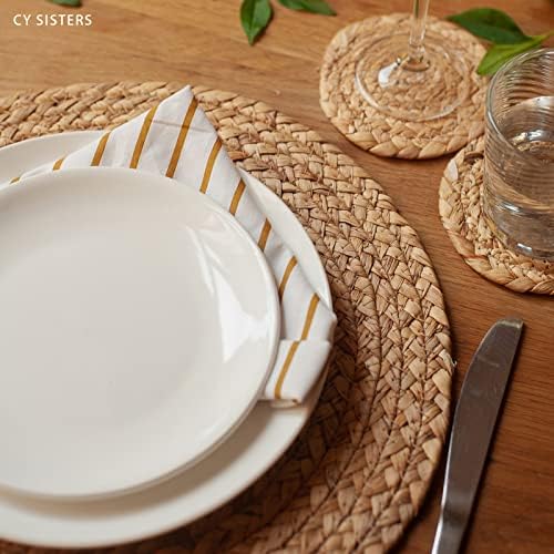 Round Placemats Set of 8 with 8 Coasters Natural Water Hyacinth Woven Placemats Farmhouse Braided Place Mats Boho Straw Placemat Wipeable Wicker Outdoor Place Mats for Patio Table 13.4'' - Image 2