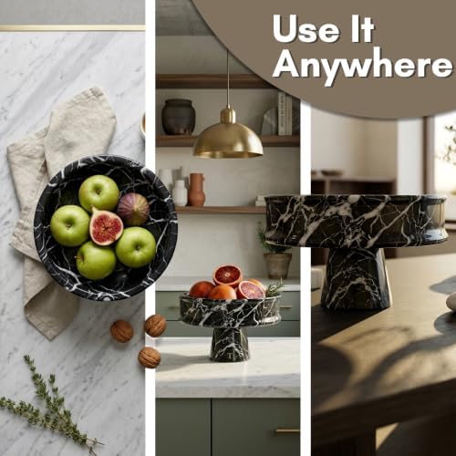 Marble Pedestal Bowl for Kitchen Counter, 10" Handcrafted Natural Stone Decorative Fruit Bowl, Catch-All Key Dish, Dining Table Centerpiece, Pedestal Bowl, & Housewarming Gift (Black Marble) - Image 6