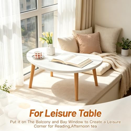 Small Coffee Table, Low Table with Solid Wood Legs, 23.6" Mini Oval Accent Table Side End Table, Floor Table Desk for Sitting on The Floor, Coffee Tea Table for Living Room, Dorm, Apartment, White - Image 6