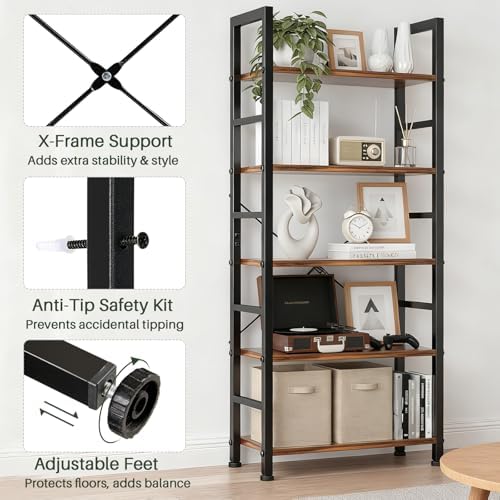 5 Tier Bookshelf, Free Standing Bookcase with Open Storage Shelves - Image 6