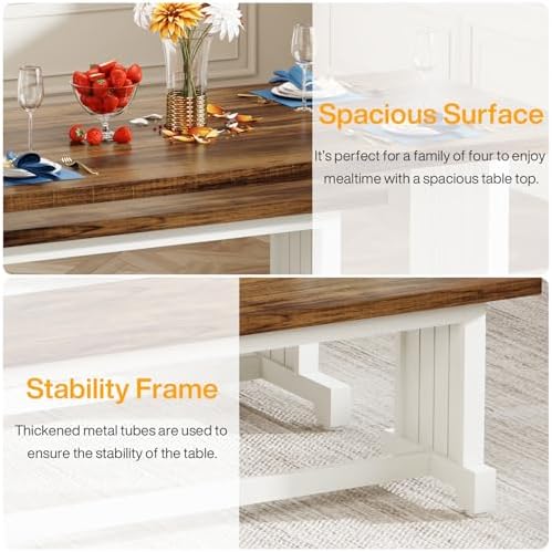 Tribesigns 47" Dining Table Set for 4, 3-Piece Kitchen Room Table with 2 Benches, Farmhouse Wood Dinner Furniture for Small Space, Home Living Room, White & Rustic Brown - Image 5