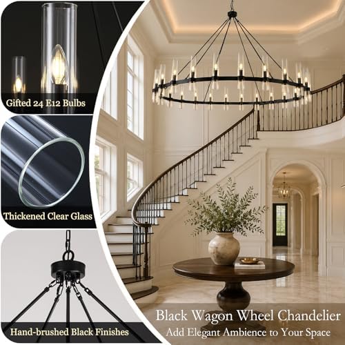 70" 24-Light Black Wagon Wheel Chandelier for High Ceilings Living Room - Image 3