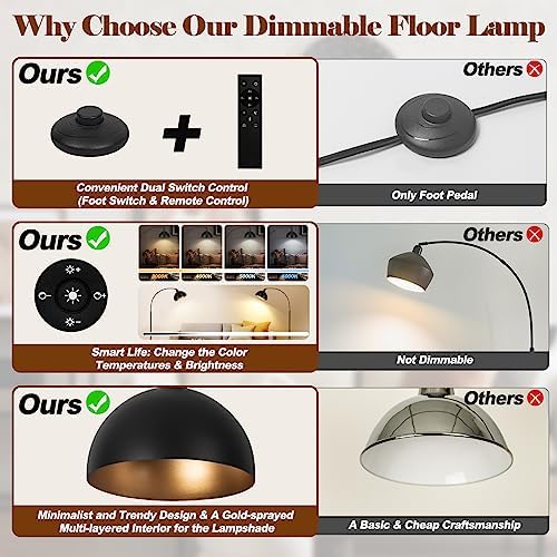 【Upgraded】Black Arc Floor Lamps for Living Room - Dimmable Arched Floor Lamp with Remote Control & 2700-6000K 9W LED Bulb Included, Modern Arch Standing lamp, Industrial Tall Lamp for Bedroom Reading - Image 6