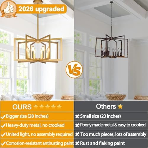 Lynnoland 25"-61" Height Adjustable Modern Gold Chandelier for Dining Room, No Assembly Required Gold Dining Room Light Fixture Over Table, Industrial Metal Pendant Lights Fixture for Kitchen Island - Image 4