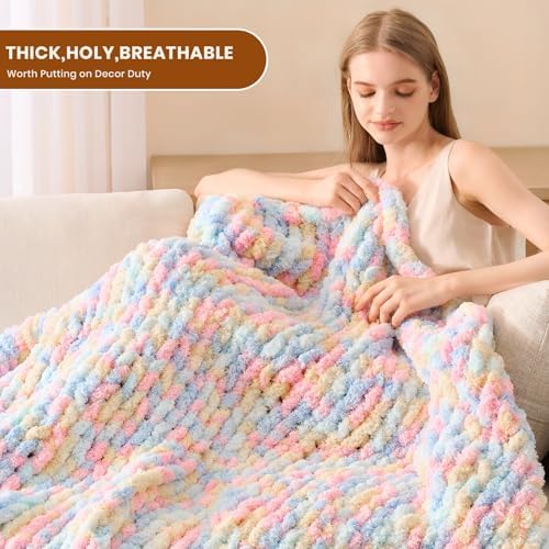 L'AGRATY Chunky Knit Throw Blanket for Couch, 60 x 80 Inches, Rainbow - Image 4