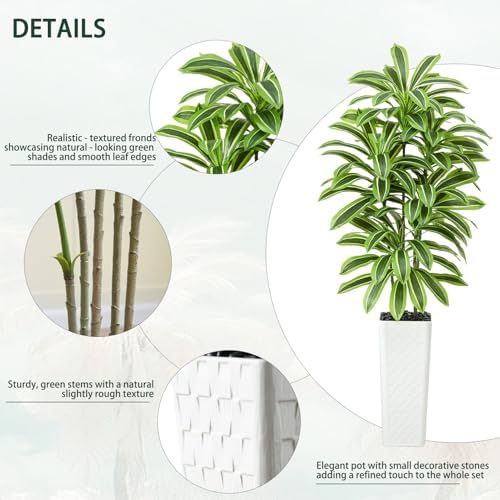 Artificial Yellow Dracaena Tree Indoor, 7FT Tall Fake Floor Plants with White Planter & Pebbles, Faux Silk Yucca Tree for Home Office Living Room Bedroom Farmhouse Modern Outdoor Topiary Tree - Image 5