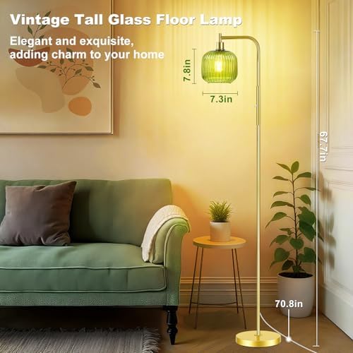 Dimmable Gold Floor Lamp with Ribbed Shade, Vintage Green Standing Lamp Dimmable with Solid Base, Arc Floor Lamps Glass for Living Room, Bedroom, Office, Decorative Tall Corner Lamps Gift Use - Image 6