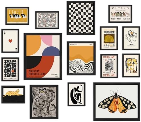 ANERZA 16 PCS Wall Art Framed Eclectic Wall Art Decor, Modern Maximalist Wall Prints for Bedroom, Vintage Gallery Wall Frame Set, Bauhaus Funky Posters for Home Decor, Retro Abstract Dorm Collage Kit by ANERZA