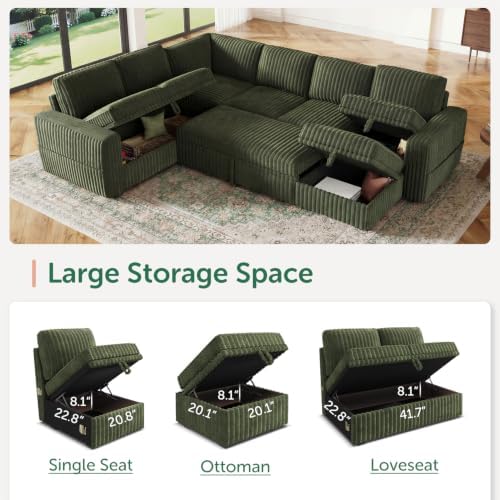 HONBAY Modular Sectional Sleeper Sofa with Pull Out Bed,Corduroy U Shaped Couch with Storage, Sectional Couches for Living Room,Green - Image 3
