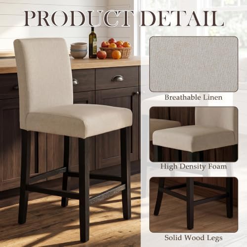 GOTMINSI Classic 24 Inches Counter Height Stools Upholstered Bar Stools with Solid Wood Legs Set of 4(Fabric Beige) - Image 3
