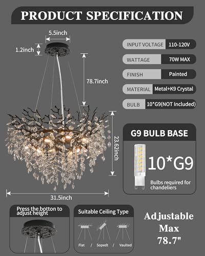 Modern Crystal Chandelier for Dining Room, 31.5" Black Tree Branch Chandeliers, 10-Light Luxury K9 Crystal Round Chandeliers for Kitchen Island Living Room - Image 2