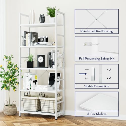 NUMENN 5 Tier Bookshelf, Tall Freestanding Open Storage Bookcase, White - Image 5