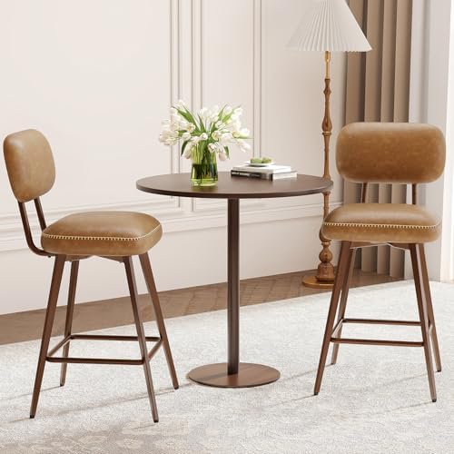 MALOL 26“ Swivel Bar Stools Set of 2, Mid Century PU Leather Counter Height Bar Chairs with Low Back and Metal Legs, Modern Bar Stool Chair for Kitchen Island, Brown by MALOL