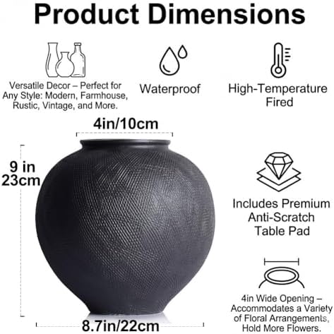 Large Blak Ceramic Vase - 9 Inch Large Black Round Vase, Rustic Farmhouse Vase for Home Decor, Dining Table, Shelf, Bedroom, Living Room, Kitchen, Office, Bathroom, Mantle, Centerpiece Décor - Image 2