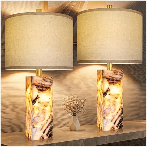 Scenekoy 23" Alabaster Table Lamps Set of 2 with Night Light for Bedroom by SCENEKOY