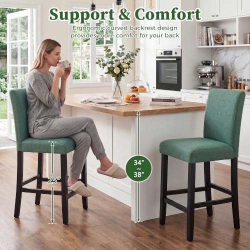 LSSPAID Counter Height Bar Stools Set of 2, 25 Inch Upholstered Fabric Barstools, Modern Kitchen Island Chairs with Backrest and Solid Wood Legs, Green - Image 4