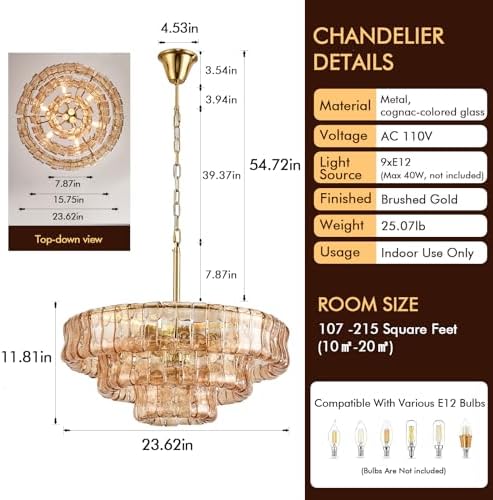 23in Large Chandelier Gold, Modern Dining Room Light Fixtures, 3 Layer Luxury Glass Chandelier 9 Light Chandeliers for Dining Room Kitchen Island Living Room (Gold) - Image 5