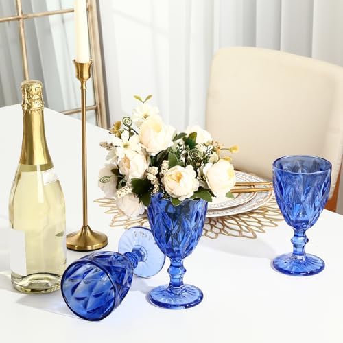 Yinder Glass Goblet Vintage Wine Goblet Embossed Glassware 10 oz Solid Color Glass Stemmed Cups for Iced Tea Beverage Soda Juice Water Liquor and Party Wedding Bars Restaurants (Blue,12 Pack) - Image 4