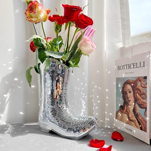Disco Cowboy Boot Vase, 9.5in Ceramic Mirror Flower Vase - Image 4
