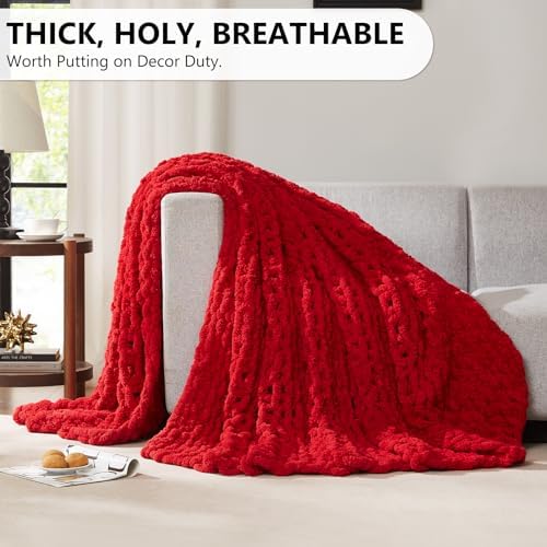 L'AGRATY Chunky Knit Throw Blanket for Couch, 72'' x 84'' Knit Throw, Red - Image 4
