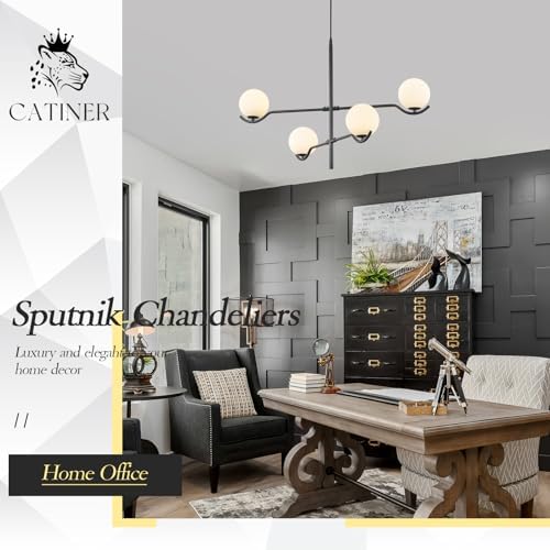 CATINER Modern 31" 4-Light Black Sputnik Chandelier with Milk Glass Globe - Image 2