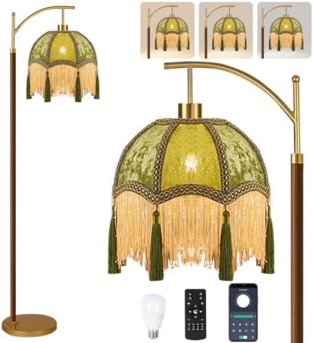 AHDWDW Gold Vintage Floor Lamp for Living Room Bedroom,Arc Victorian Floor Lamps with Remote,Wood Standing Tall Lamp with Green Tassels Velvet Lampshade,Fringe Dimmable Modern Floor Lamp for Corner by EnjoyingABetterLife