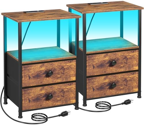 LOAKEKEL Nightstands Set of 2, LED Night Stand with Charging Station by LOAKEKEL