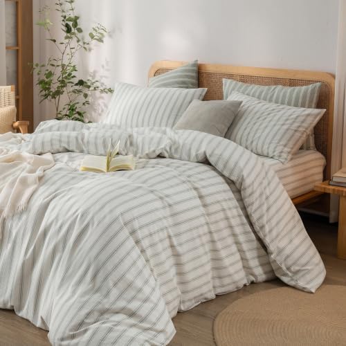 BESTOUCH Striped Cotton Duvet Cover Set Linen Feel Oversized Queen - Image 6