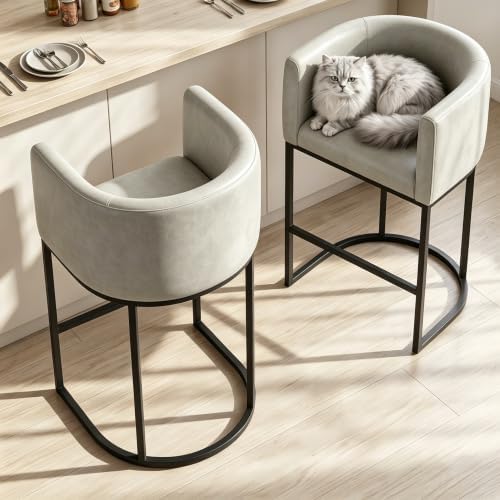 26" H Counter Height Bar Stools Set of 3, Modern Barrel Counter Stools with Backrest and Arms, Faux Leather Upholstered Accent Barstools for Kitchen Island,Support 450 LBS (Grayish White) - Image 4