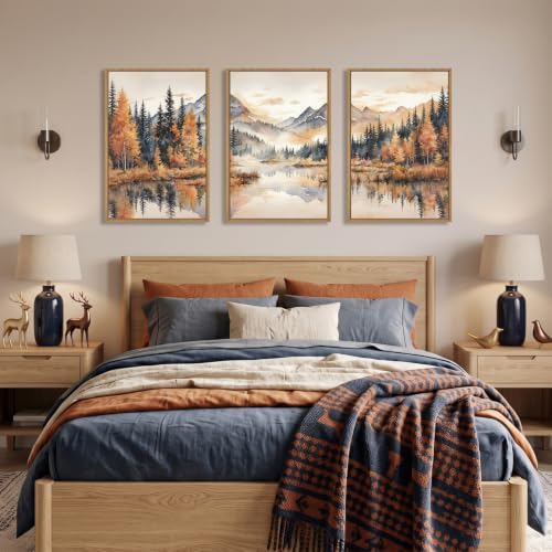 LHIUEM Large Neutral Mountain Framed Canvas Wall Art,Nature Foggy Forest Wall Decor,Watercolor Autumn Landscape Wall Painting,Woodland Artwork for Living Room,Bedroom,Dining Room,Office -16"x24"x3 - Image 4