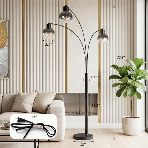 QiMH 3 Lights Floor Lamps for Living Room, 72" Tall Lamp with Gray Glass Shade, Large Tree Floor Lamp with Foot Switch, Modern Arch Floor Lamp for Bedroom Office, Black, 2700K Bulbs Included - Image 4