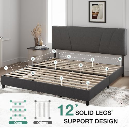 Novilla King Bed Frame and Headboard, Linen Upholstered King Size Bed Frame with Wood Slats Support, No Box Spring Needed, Heavy Duty Feet, Easy Assembly, Grey - Image 5