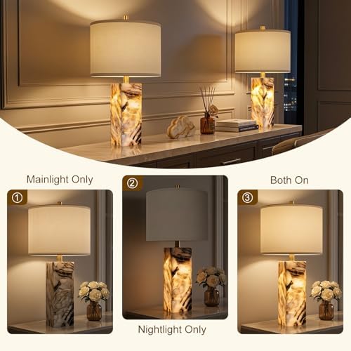 Scenekoy 23" Alabaster Table Lamps Set of 2 with Night Light for Bedroom - Image 3