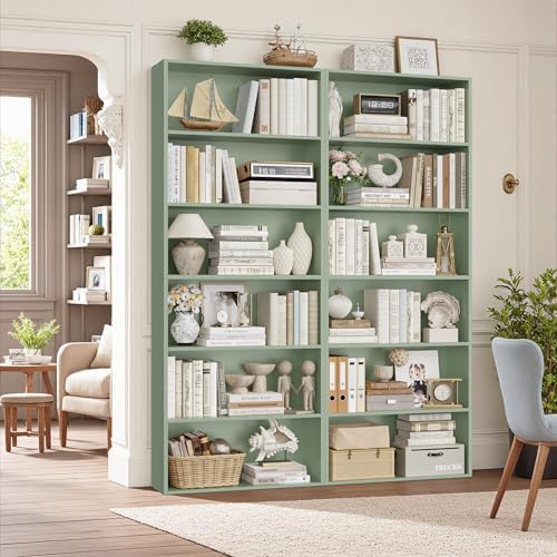 FOTOSOK 6 Tier Tall Bookshelf and Bookcase, Open Display Shelves, Green 2PK by FOTOSOK
