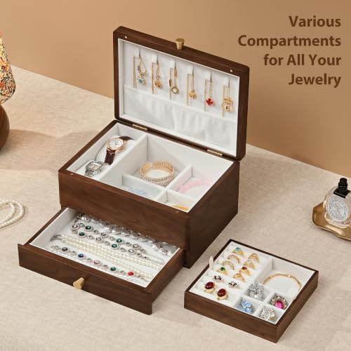 Black Walnut Wooden Jewelry Box for Women, 3 Layer Organizer with Drawer - Image 3