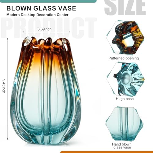 Hand Blown Glass Vase, 9.5" H Colorful Wide Mouth Ribbed - Image 2