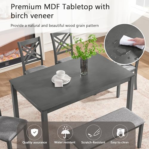Harper & Bright Designs 6 Piece Kitchen Dining Room Set, Rectangular Wooden Dining Table with 4 X-Back Upholstered Chairs and 1 Bench, Modern Wood Furniture Set for 6 People, Grey Finish - Image 3