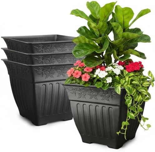 4-Pack 18 Inch Large Outdoor Planters, Embossed Leaf Pattern, Black by BTPLASTIK