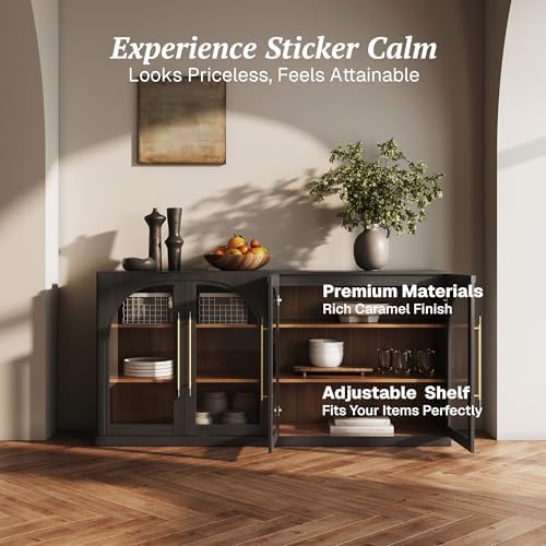 BELLEZE Set of 2 Modular Sideboard with Arched Glass Door, Accent Display Buffet Cabinet with Storage and Adjustable Shelves, 65'' Classic Modern Credenza for Living Room Kitchen Entryway (Ebony) - Image 4