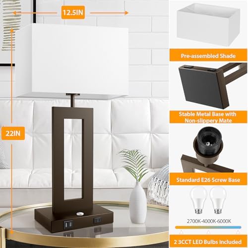 3 Color Temperatures Brown Table Lamps for Bedrooms Set of 2, 22’’ Touch Control Bedside Nightstand Lamps with 2 USB Ports & AC Outlet, Modern Lamp Sets for Living Room, Stepless Dimming, White Shade - Image 6