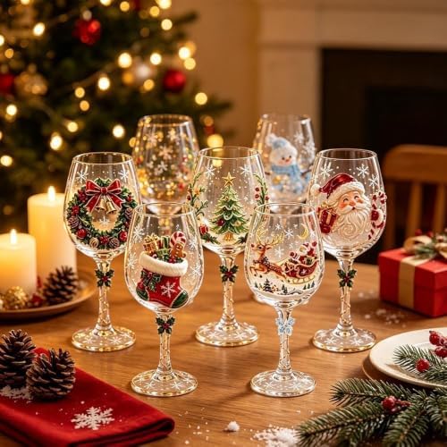 Christmas 3D Wine Glass Collection Gift Box Set, 3D Santa Christmas Wine Glass, Raised Holiday Goblet with Snowflake Decor, Festive Glassware for Wine, Cocktails, Holiday Party & Table Decor (F#) - Image 7