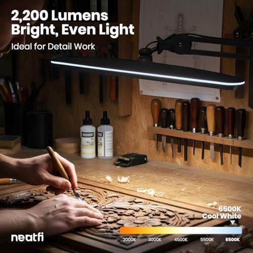 Neatfi XL 2,200 Lumens 24W LED Desk Lamp – 23” Wide Shade | Dimmable Eye-Caring Task Light | Adjustable Arm | Home Office, Study, Crafts & Nail Tech (Black, Non-CCT with Clamp) - Image 5
